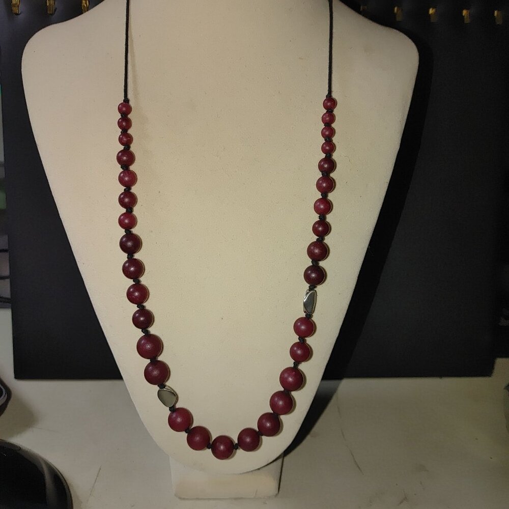 Jade Bead Necklace Dyed Silvertone Accent Adjustable Polyester Cord 25-36 Inches